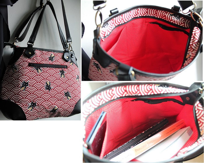 Red shoulderbag contrasted edges - Maneki red white - black faux leather - zipper closure - cats